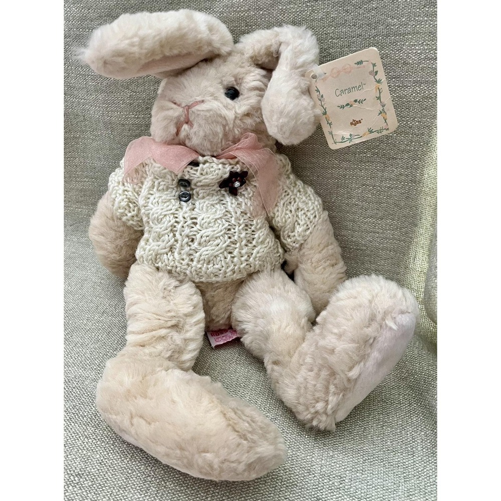 Russ Berrie Caramel Plush Bunny Rabbit Cream Sweater Pink Bow Vintage Item 4718